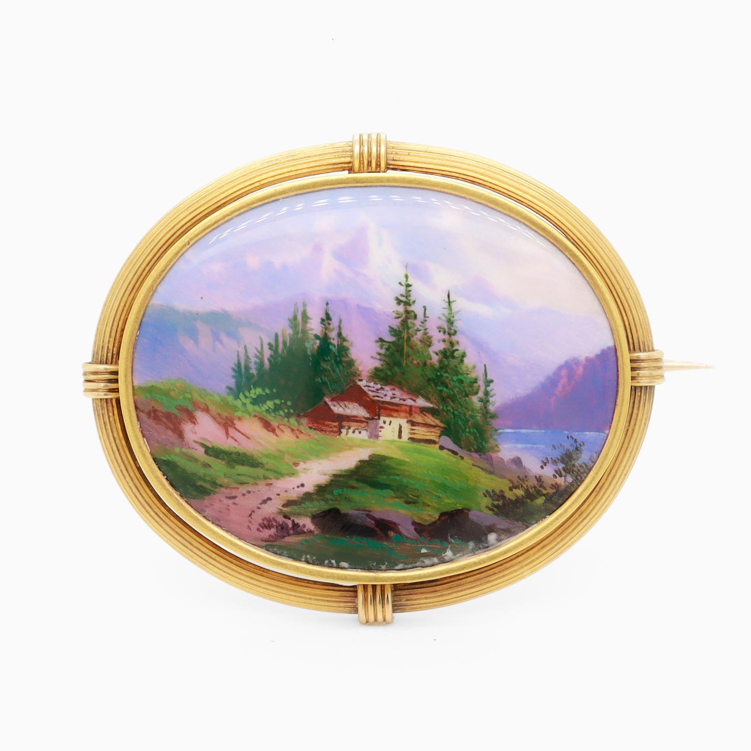 Antique Swiss Enamel and 14k Gold Brooch with a Mont Blanc Scene In Good Condition For Sale In Philadelphia, PA