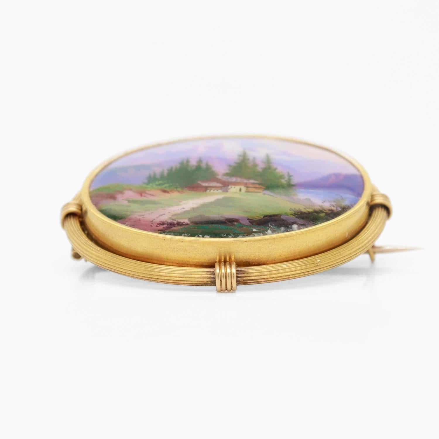 Antique Swiss Enamel and 14k Gold Brooch with a Mont Blanc Scene For Sale 3