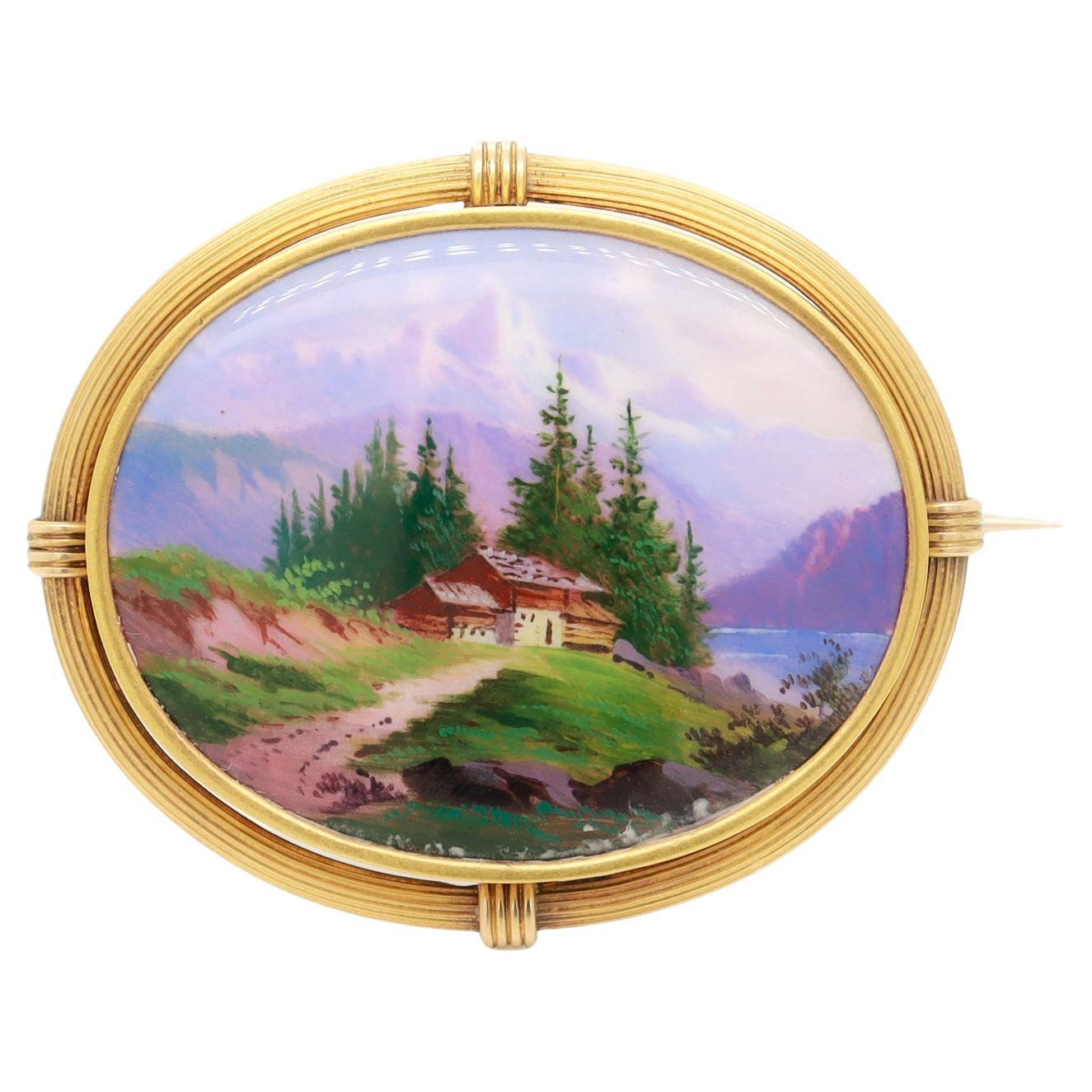 Antique Swiss Enamel and 14k Gold Brooch with a Mont Blanc Scene
