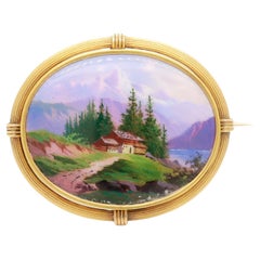 Antique Swiss Enamel and 14k Gold Brooch with a Mont Blanc Scene