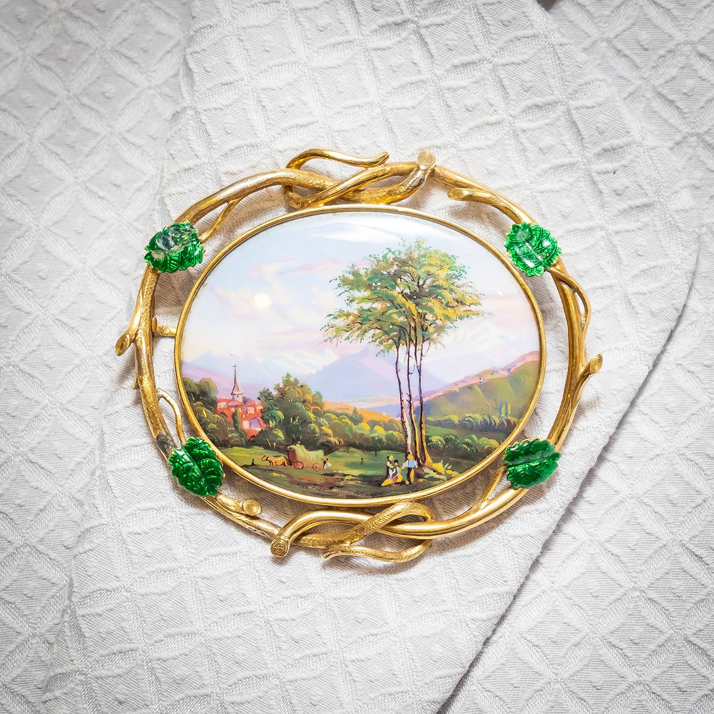 Victorian Antique Swiss Enamel And Gold Brooch, Circa 1870 For Sale