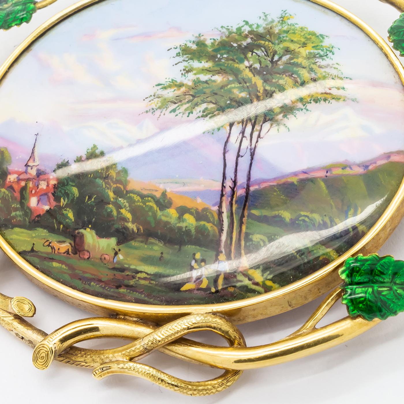 Women's Antique Swiss Enamel and Gold Brooch, Circa 1840 For Sale