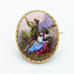 Antique Swiss Enamel and Gold Mountain Scene Brooch, Circa 1840