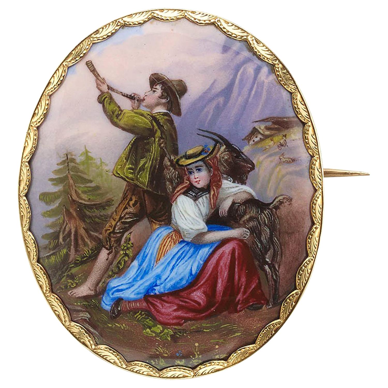 Antique Swiss Enamel and Gold Mountain Scene Brooch, Circa 1840