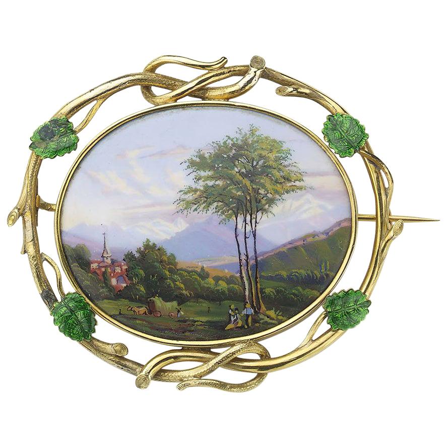 Antique Swiss Enamel And Gold Brooch, Circa 1870 For Sale