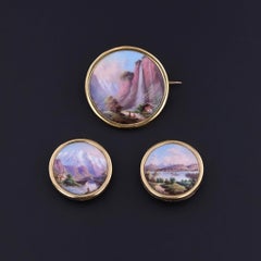 Antique Swiss Enamel Cufflink and Brooch Set in Original Box