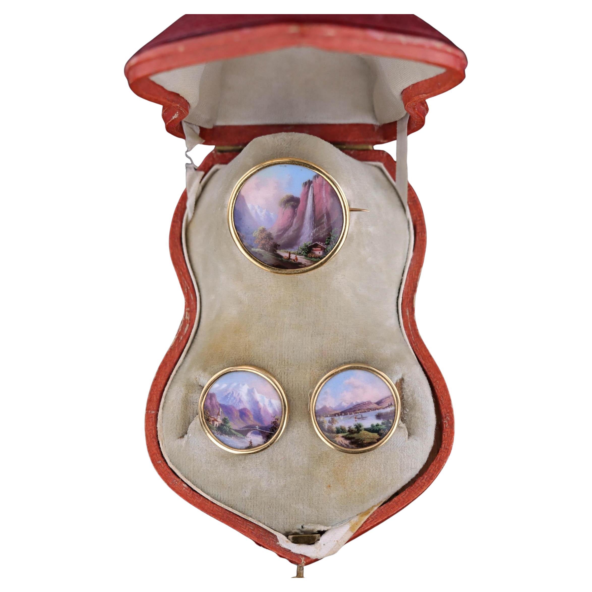 Antico set di gemelli e spille con smalto svizzero in scatola originale