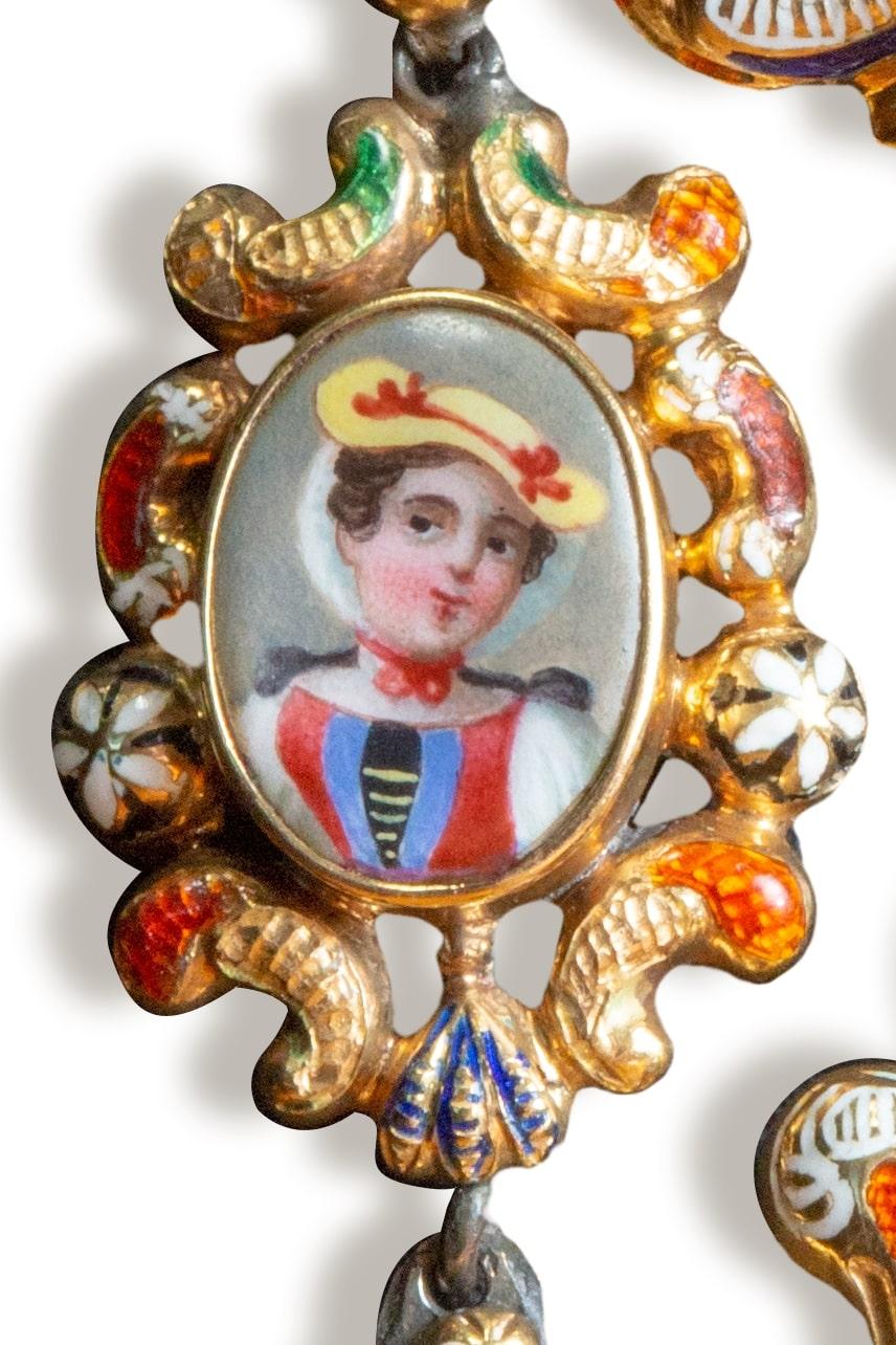 Women's or Men's Antique Swiss Enamel Family Portrait Pin and Pendent in 14k gold For Sale