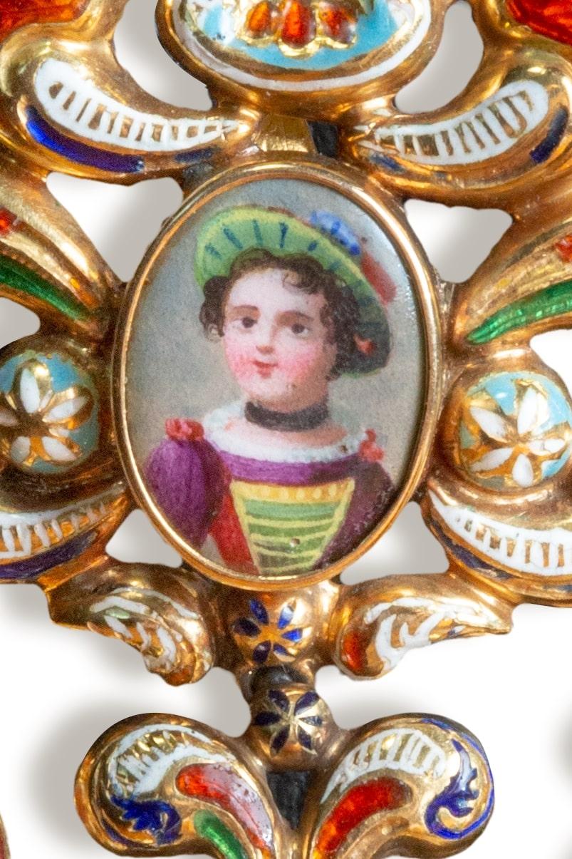 Antique Swiss Enamel Family Portrait Pin and Pendent in 14k gold For Sale 1