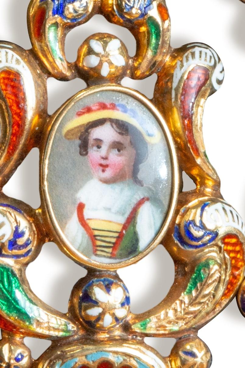 Antique Swiss Enamel Family Portrait Pin and Pendent in 14k gold For Sale 3