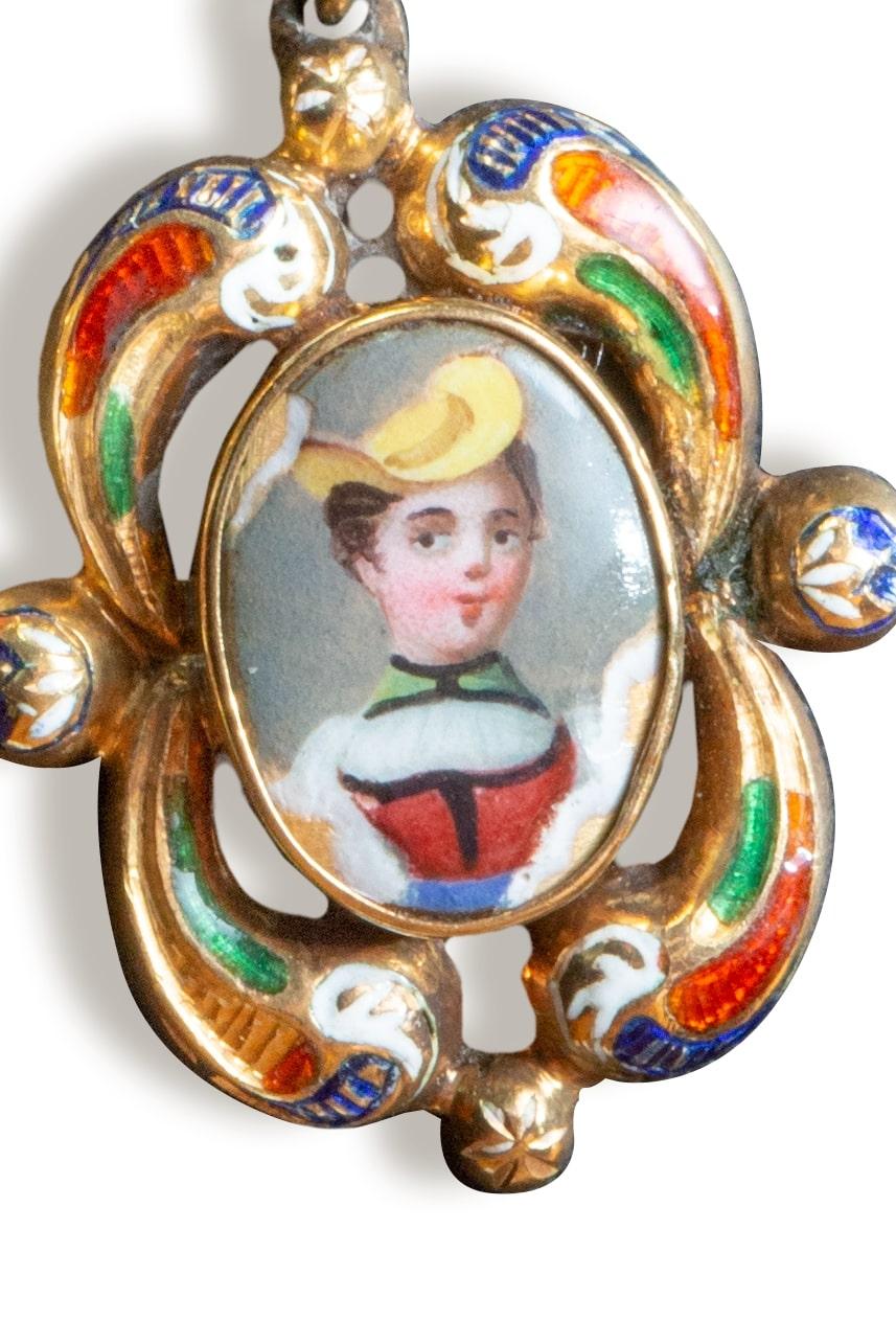 Antique Swiss Enamel Family Portrait Pin and Pendent in 14k gold For Sale 4