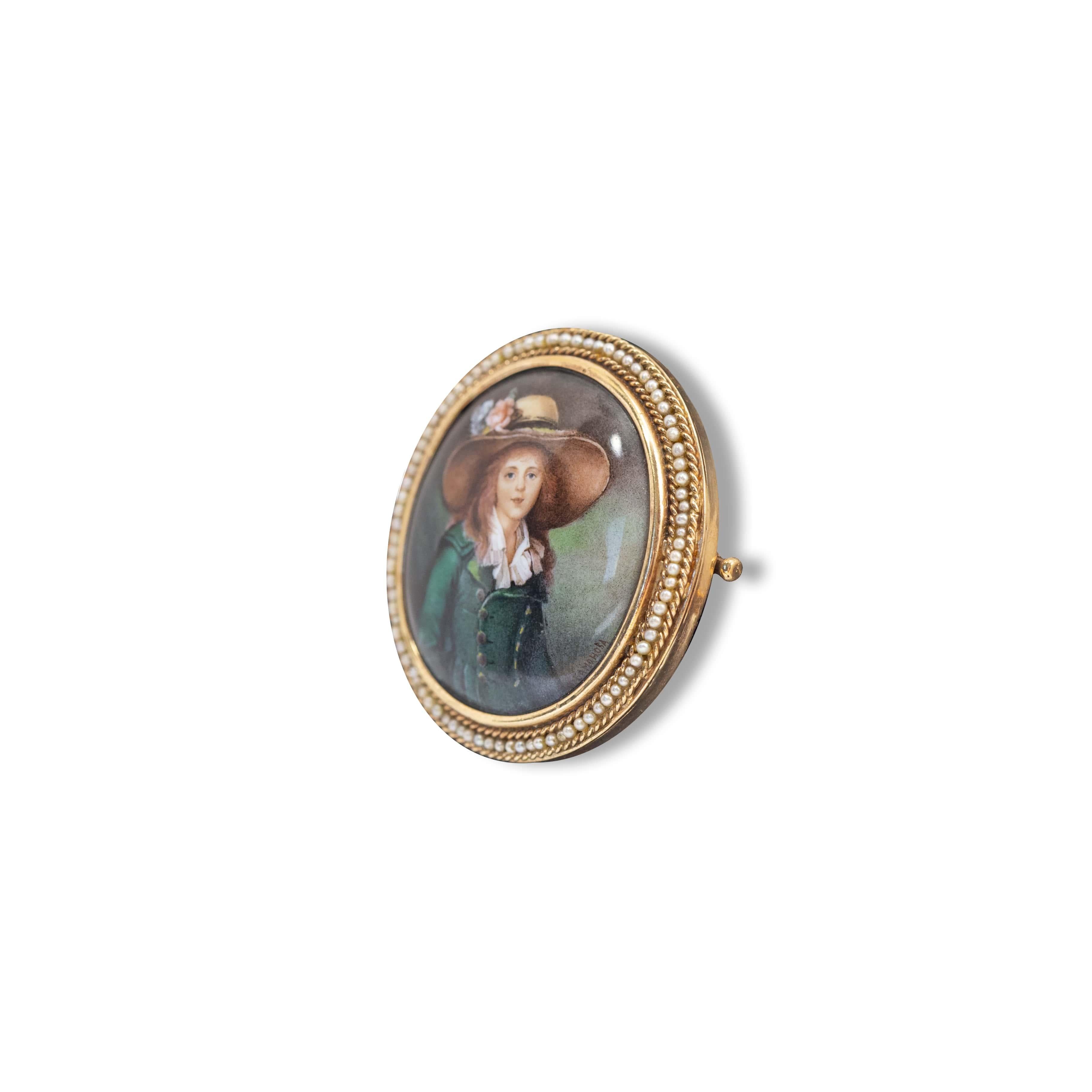 Amazing antique circa early Victorian miniature portrait set in 14k gold with seed pearls. The lovely young woman in straw hat. Fine condition hallmarked and tested for 14k gold. The painting is signed in the right corner edge looks like CAMOHOBA.