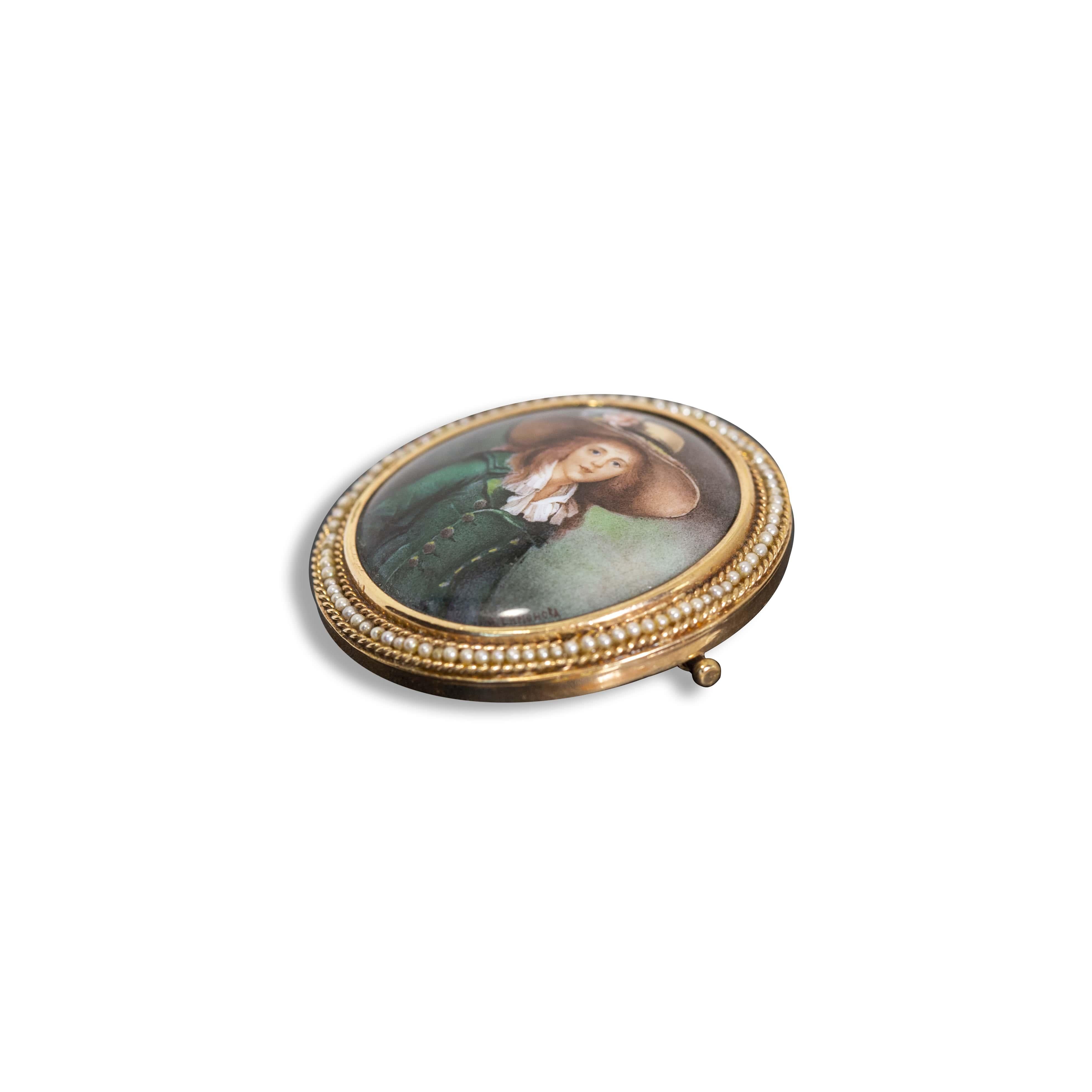 Swiss Enamel Miniature Portrait Painting in 14 Karat Gold with Seed Pearls In Good Condition For Sale In Houston, TX