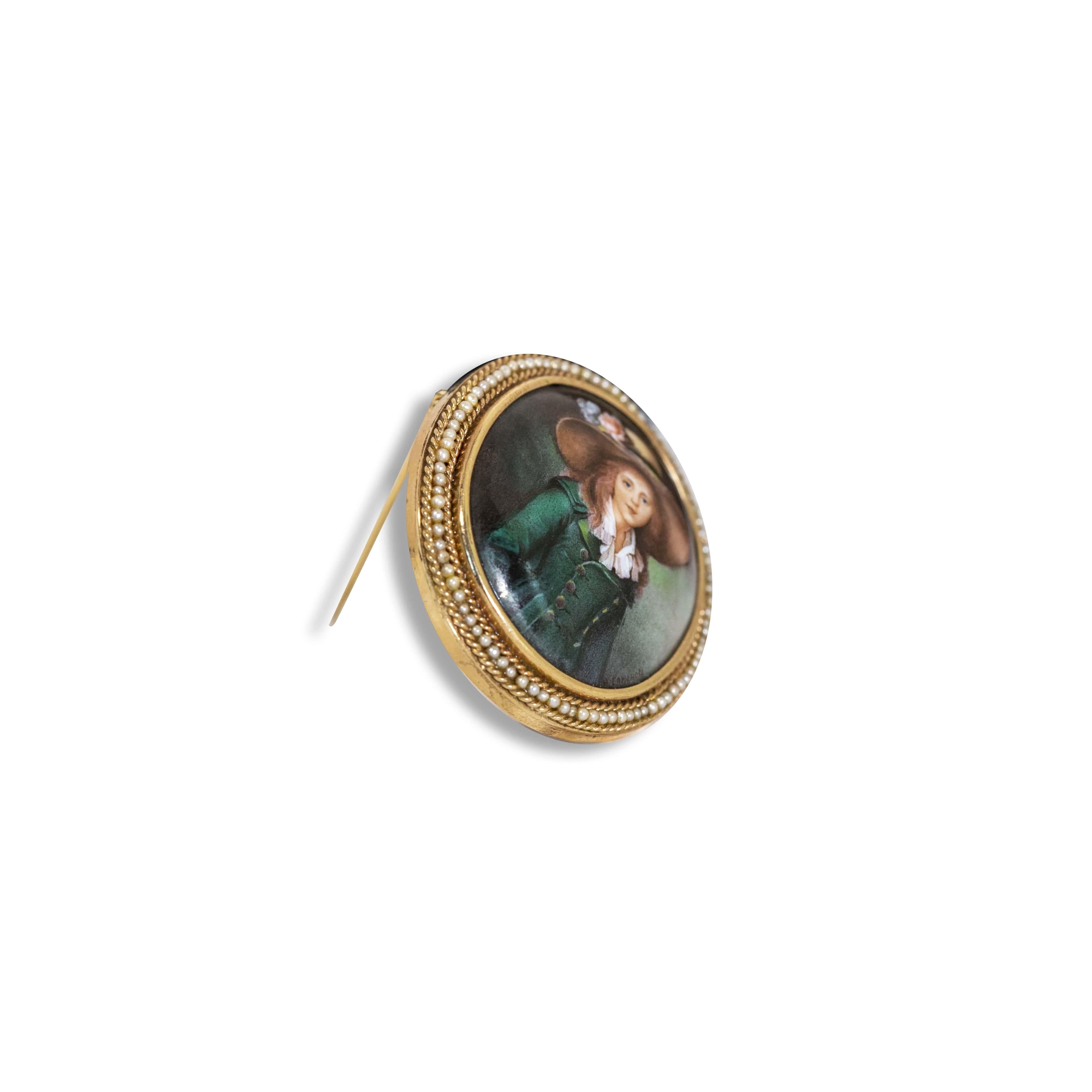 Swiss Enamel Miniature Portrait Painting in 14 Karat Gold with Seed Pearls For Sale 2