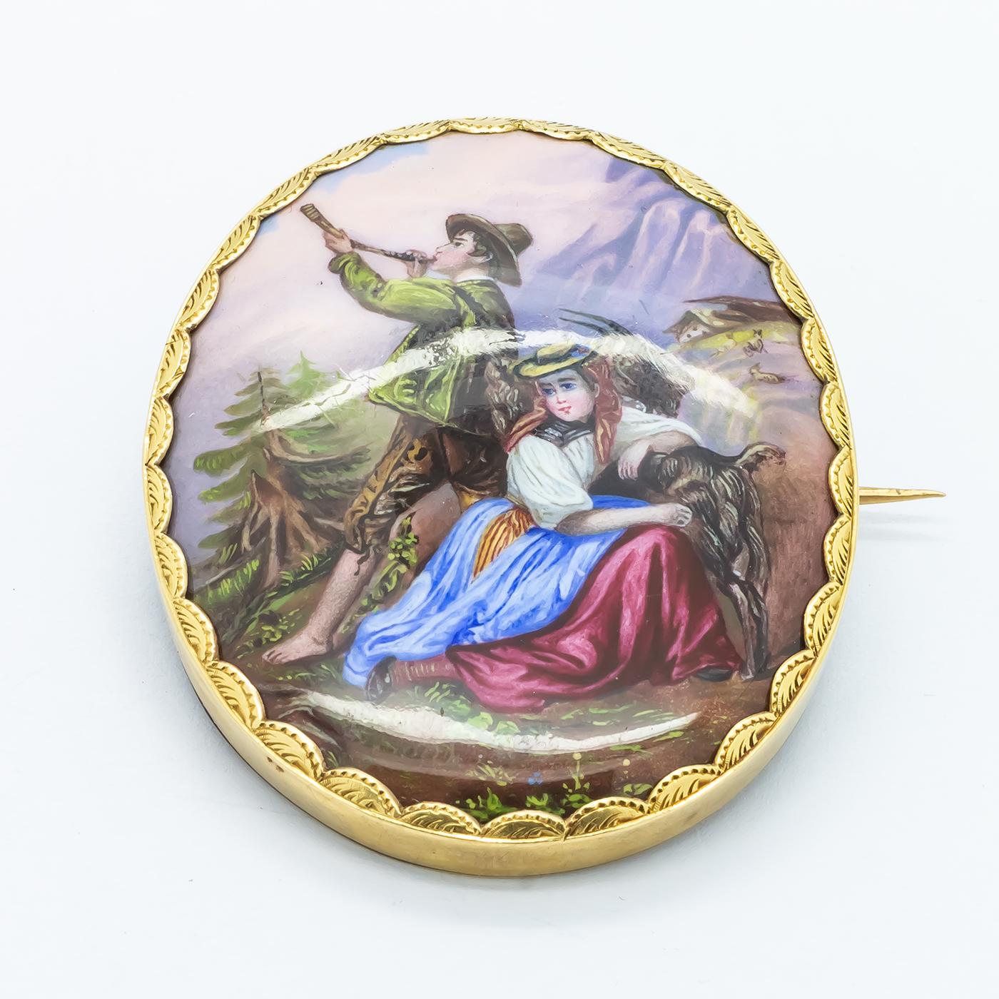 Début de l'époque victorienne Broche ancienne suisse en émail représentant une scène de montagne, vers 1840 en vente