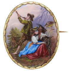 Broche ancienne suisse en émail représentant une scène de montagne, vers 1840