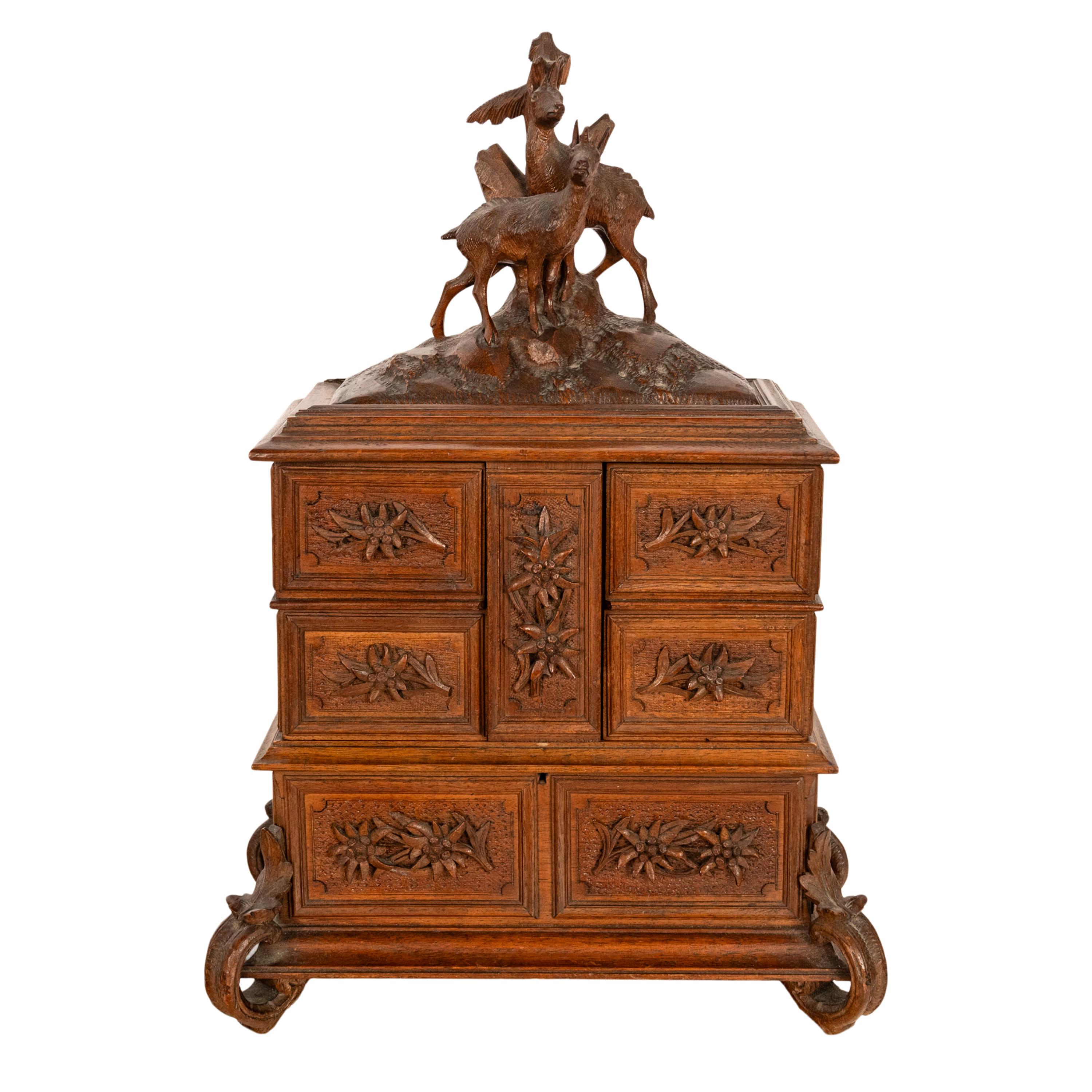 Walnut Antique Swiss German Black Forest Brienz Carved Jewelry Box Deer Edelweiss 1890