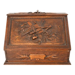 Antique Swiss German Black Forest Carved Walnut Writing Letter Box Folding Desk