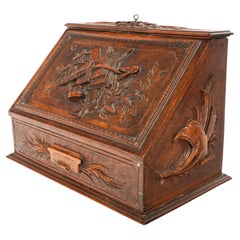 Antique Swiss German Black Forest Carved Walnut Writing Letter Box Folding Desk