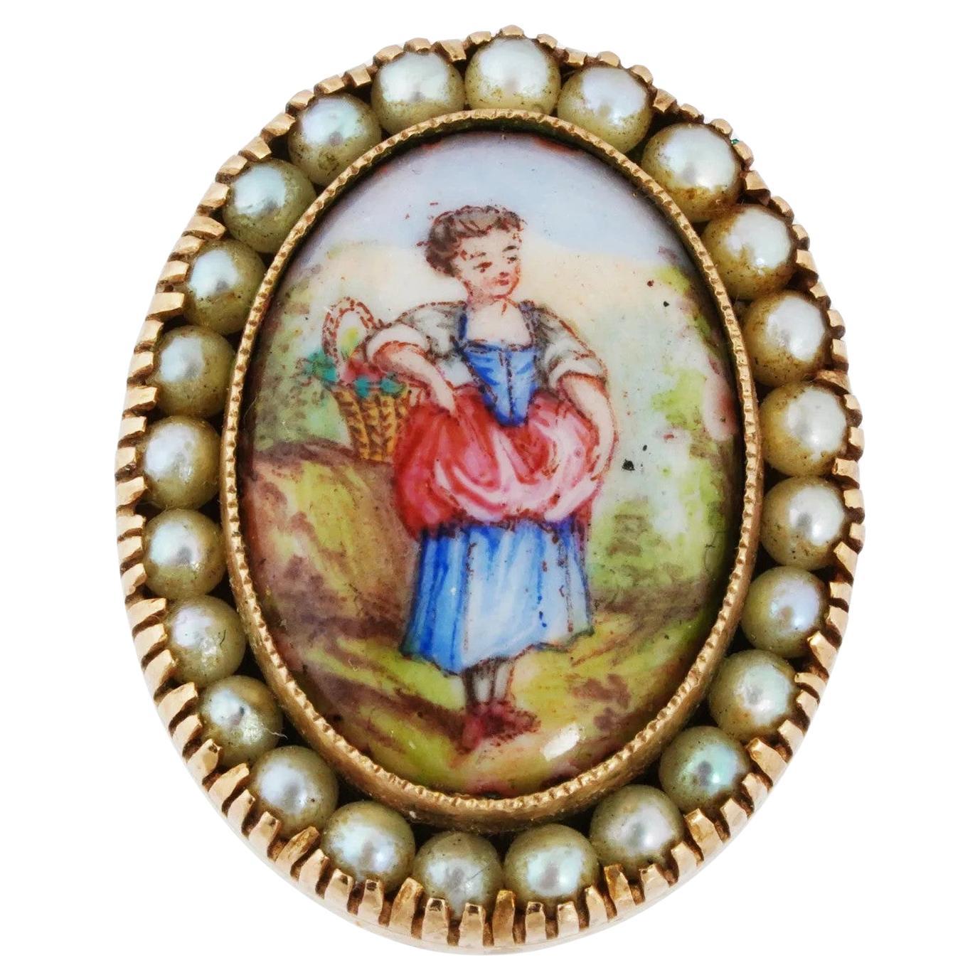 Broche ancienne en émail doré suisse avec peinture miniature
