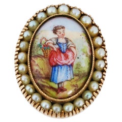 Antica spilla svizzera in oro e smalto con pittura in miniatura