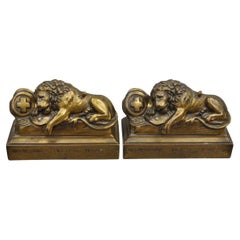 Antique Swiss Guard Bronze Lion Bookends Helvetiorum Fidei AC Virtuti "JB 1570"