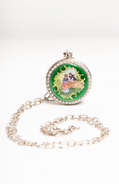 Antique Swiss Guilloche Enamel And Pearl Silver Locket Pendant