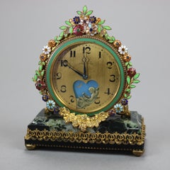 Antique Swiss Le Petit Forgeron Enameled Gilt Ormolu & Marble Desk Clock c1890