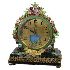Antique Swiss Le Petit Forgeron Enameled Gilt Ormolu & Marble Desk Clock c1890