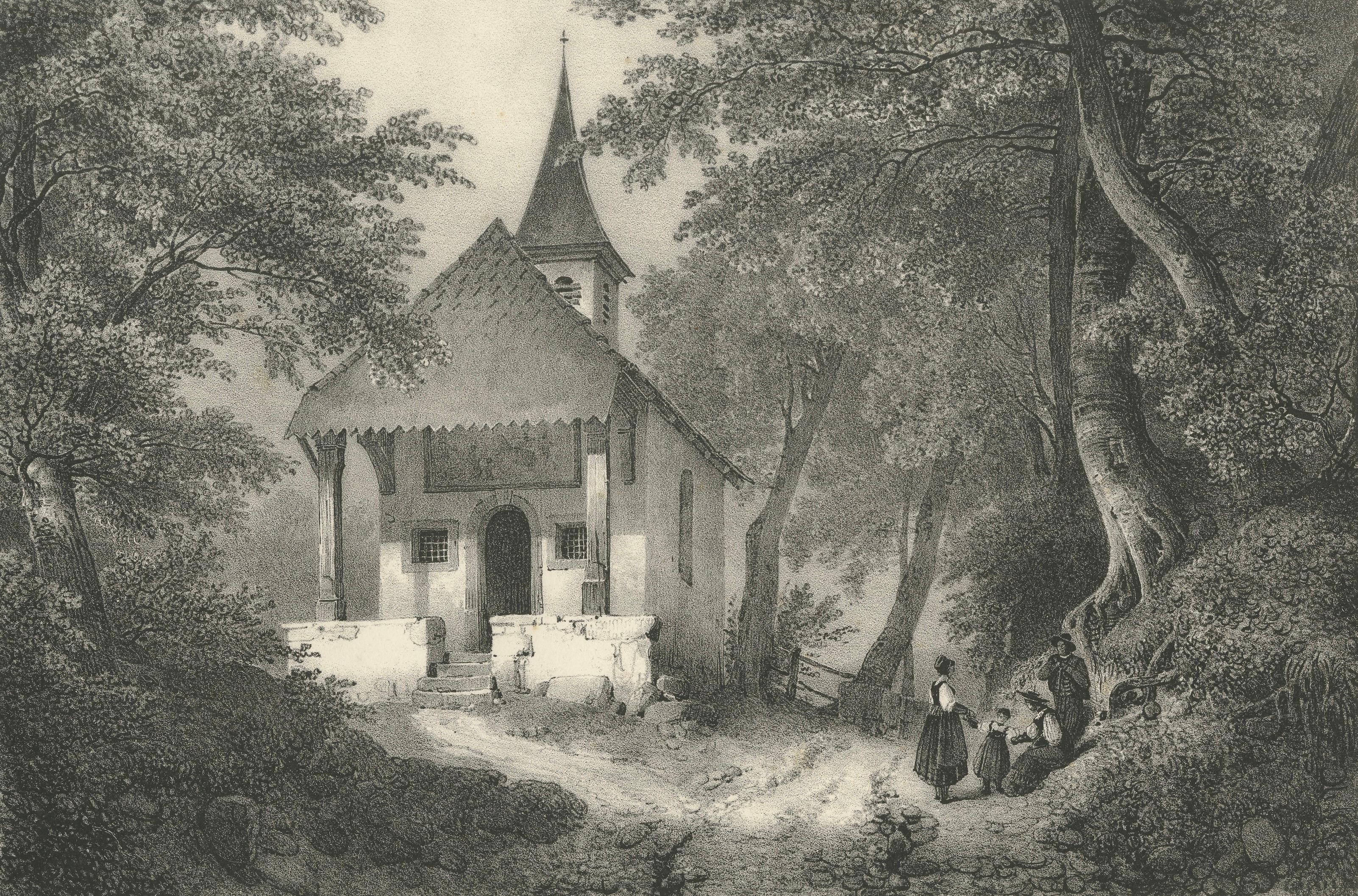Antique Swiss Lithograph, Chapelle de Küsnacht, William Tell Scene, 1825