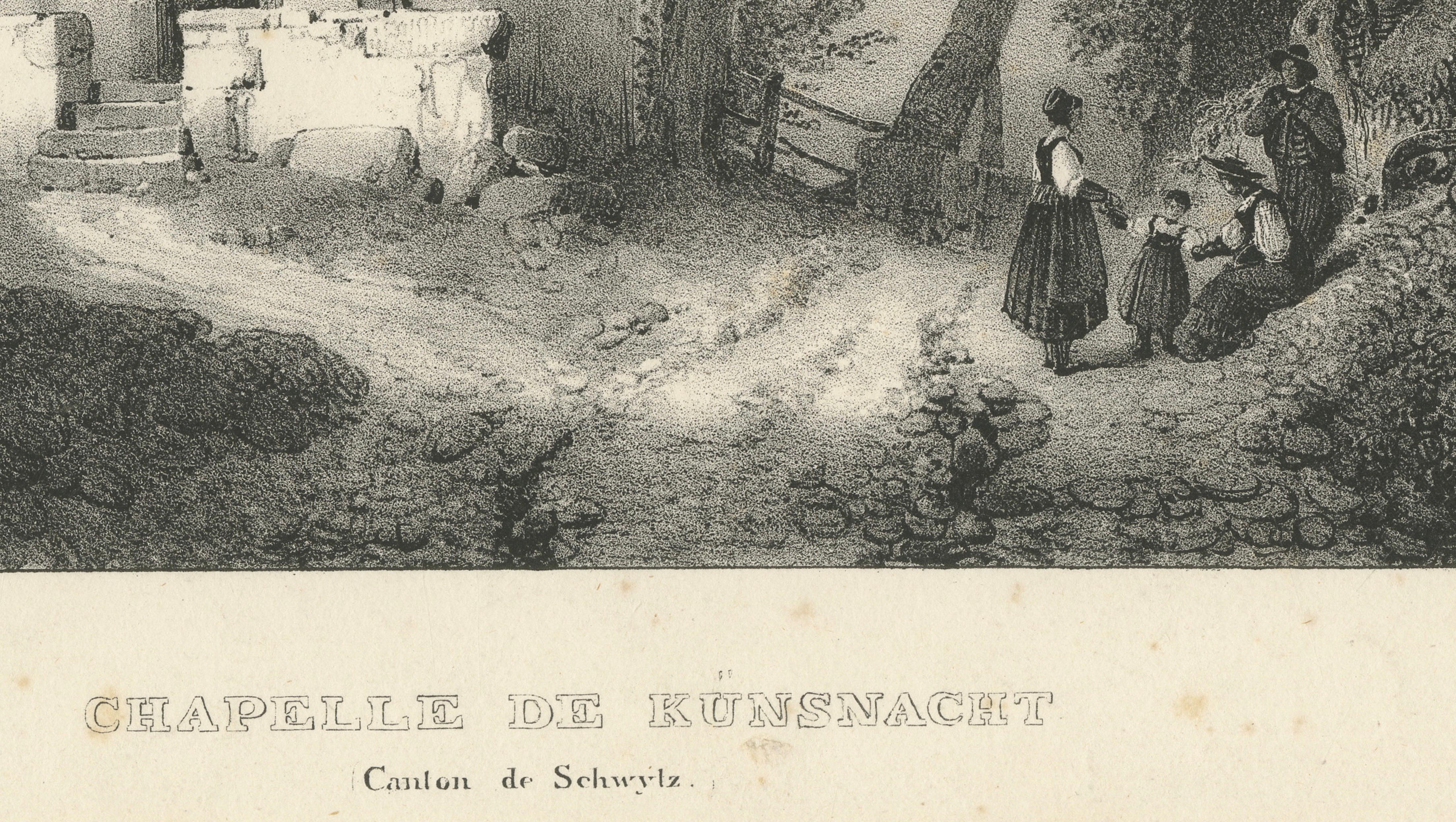 Antique Swiss Lithograph, Chapelle de Küsnacht, William Tell Scene, 1825