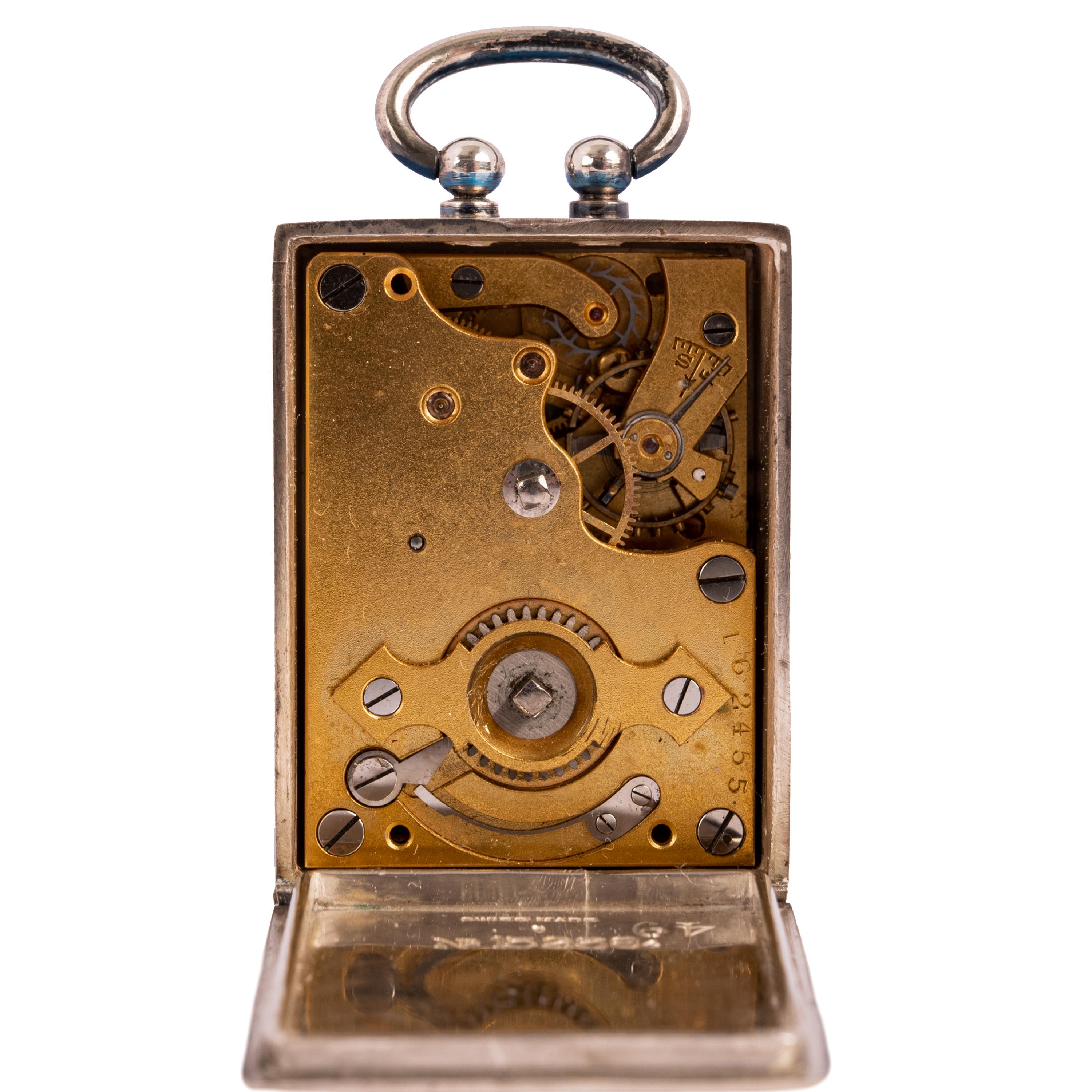 Antique Swiss Miniature Silver Blue Guilloche Enamel Carriage Clock & Case 1900 6