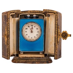 Antique Swiss Miniature Silver Blue Guilloche Enamel Carriage Clock & Case 1900