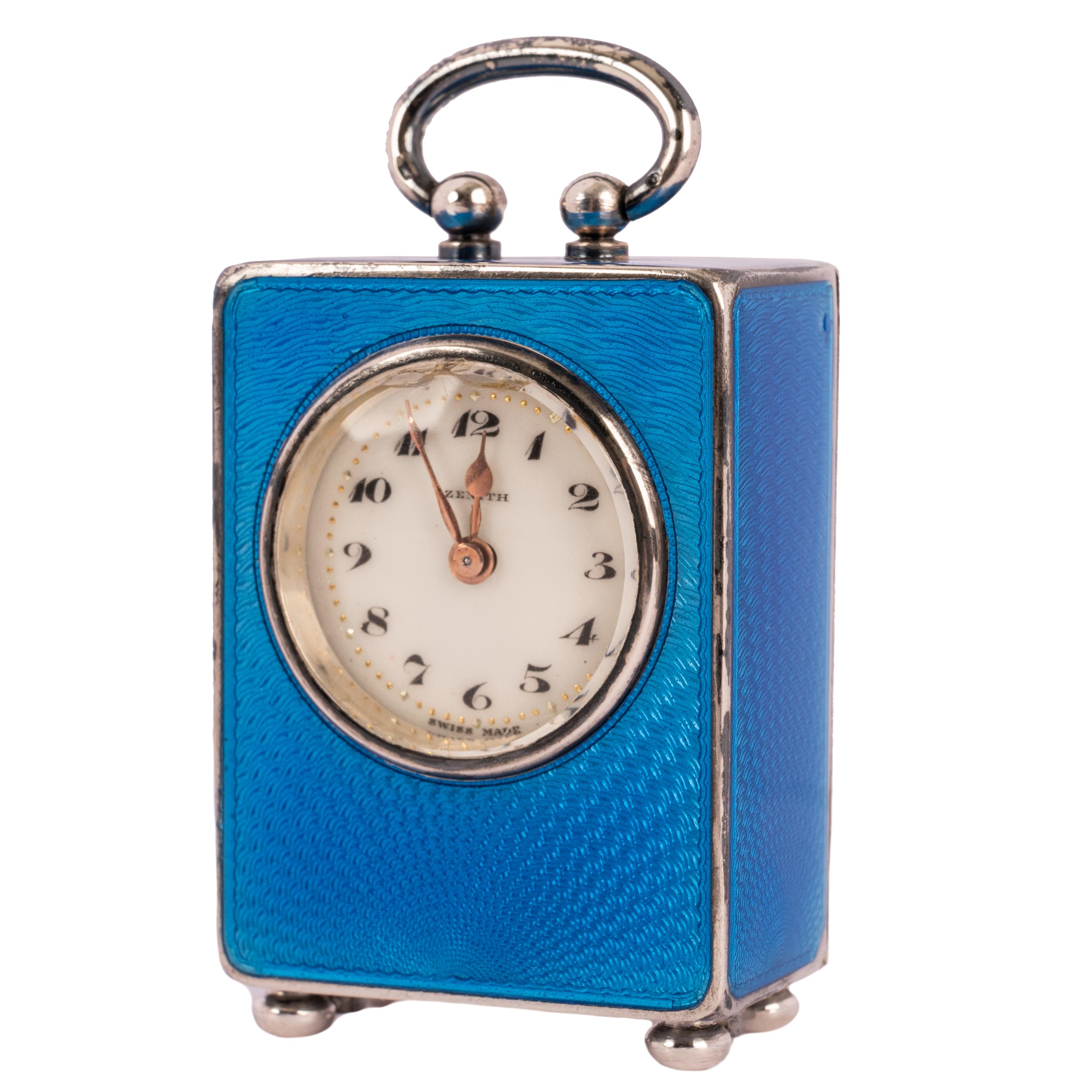 Art Nouveau Antique Swiss Miniature Silver Blue Guilloche Enamel Carriage Clock & Case 1900