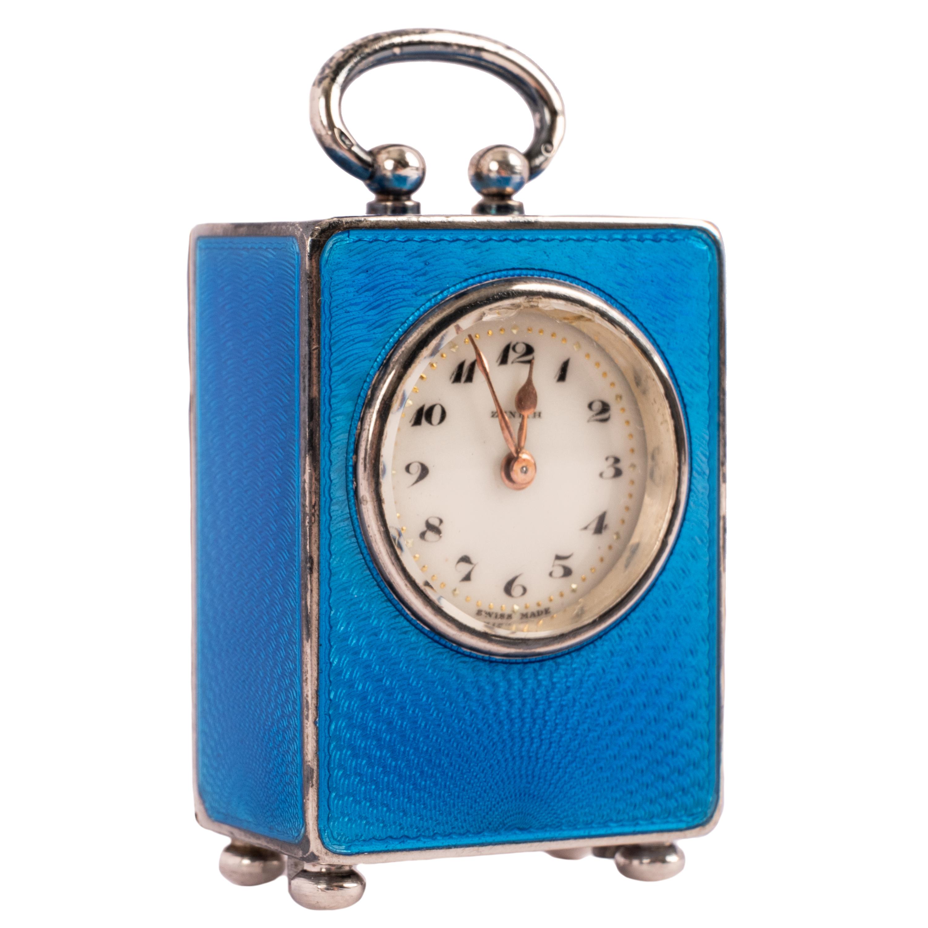 Antique Swiss Miniature Silver Blue Guilloche Enamel Carriage Clock & Case 1900 In Excellent Condition In Portland, OR