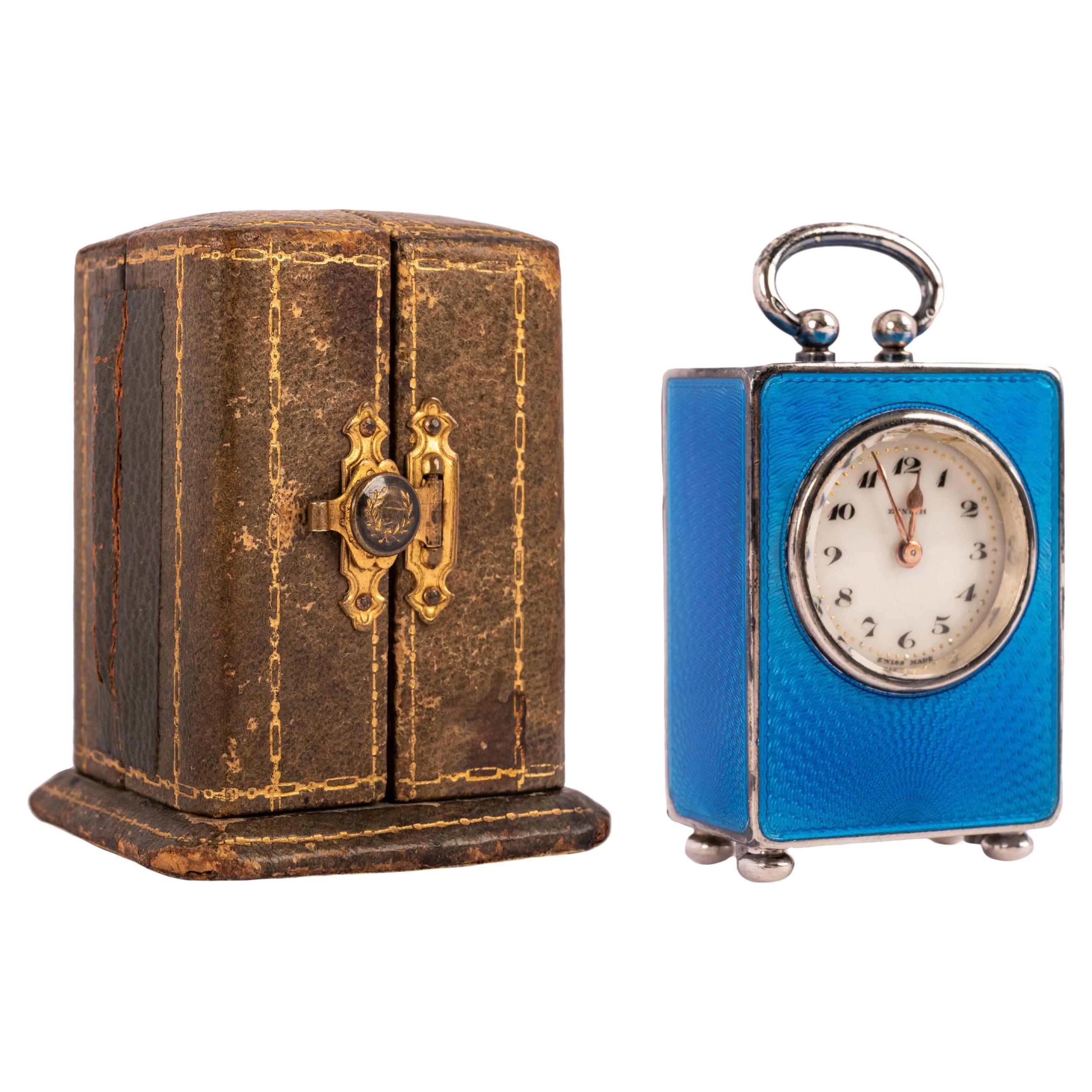 Antique Swiss Miniature Silver Blue Guilloche Enamel Carriage Clock & Case 1900