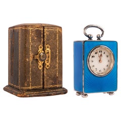 Antique Swiss Miniature Silver Blue Guilloche Enamel Carriage Clock & Case 1900