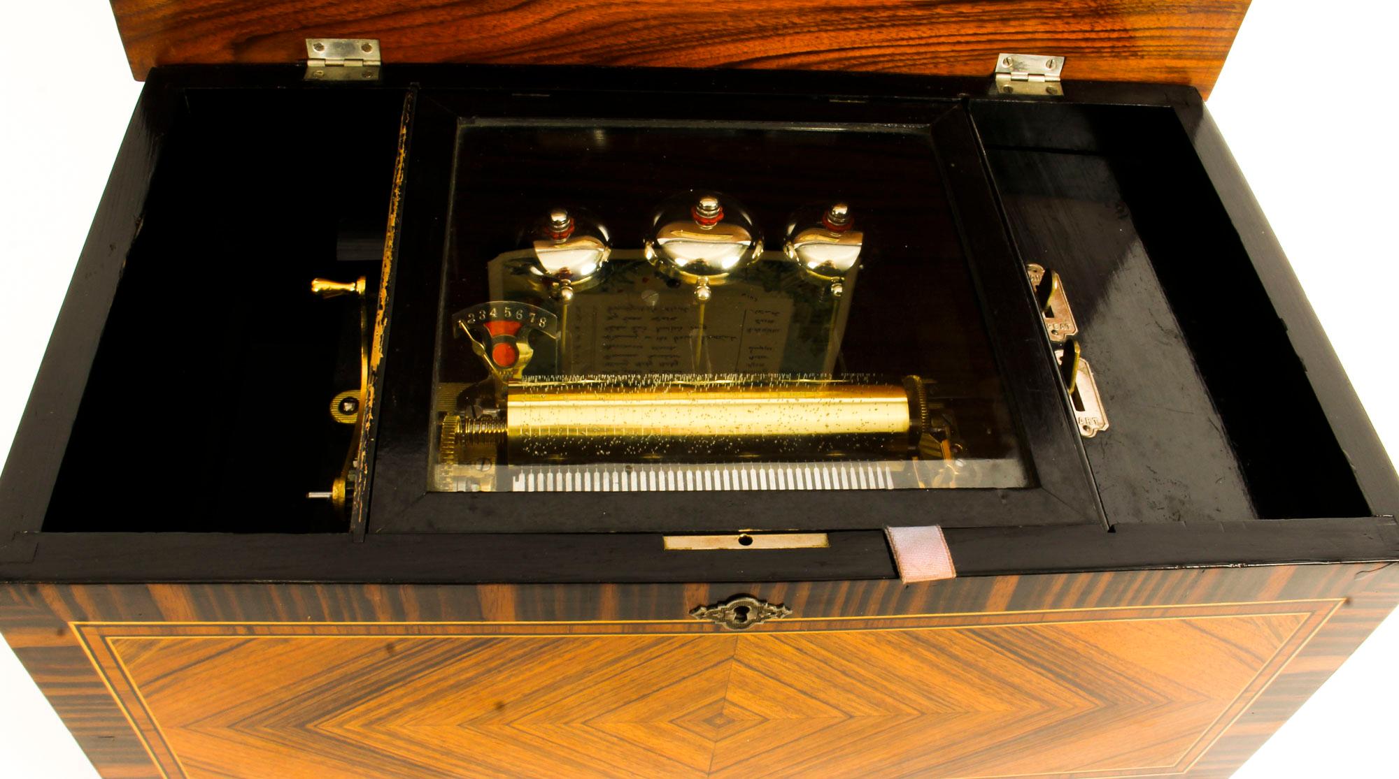 Antique Swiss Music Box Three Bells in Sight 8 Airs 19th Century In Good Condition In London, GB