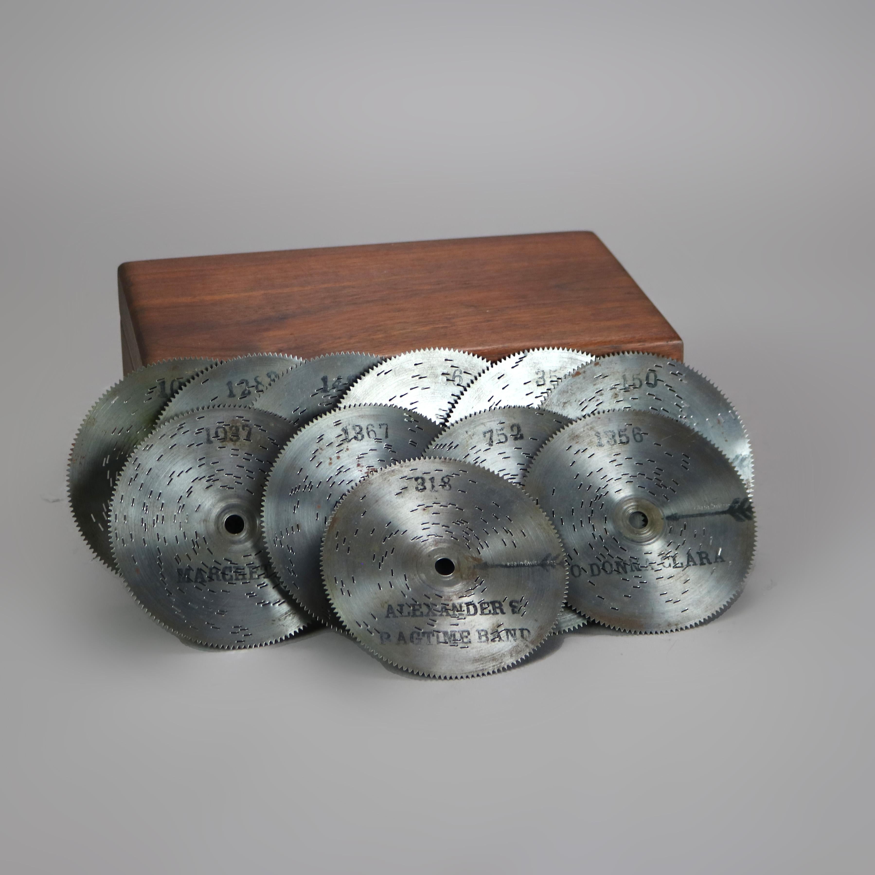 Antique Swiss Music Box with Eleven 4.5” Disks C1890 In Good Condition In Big Flats, NY