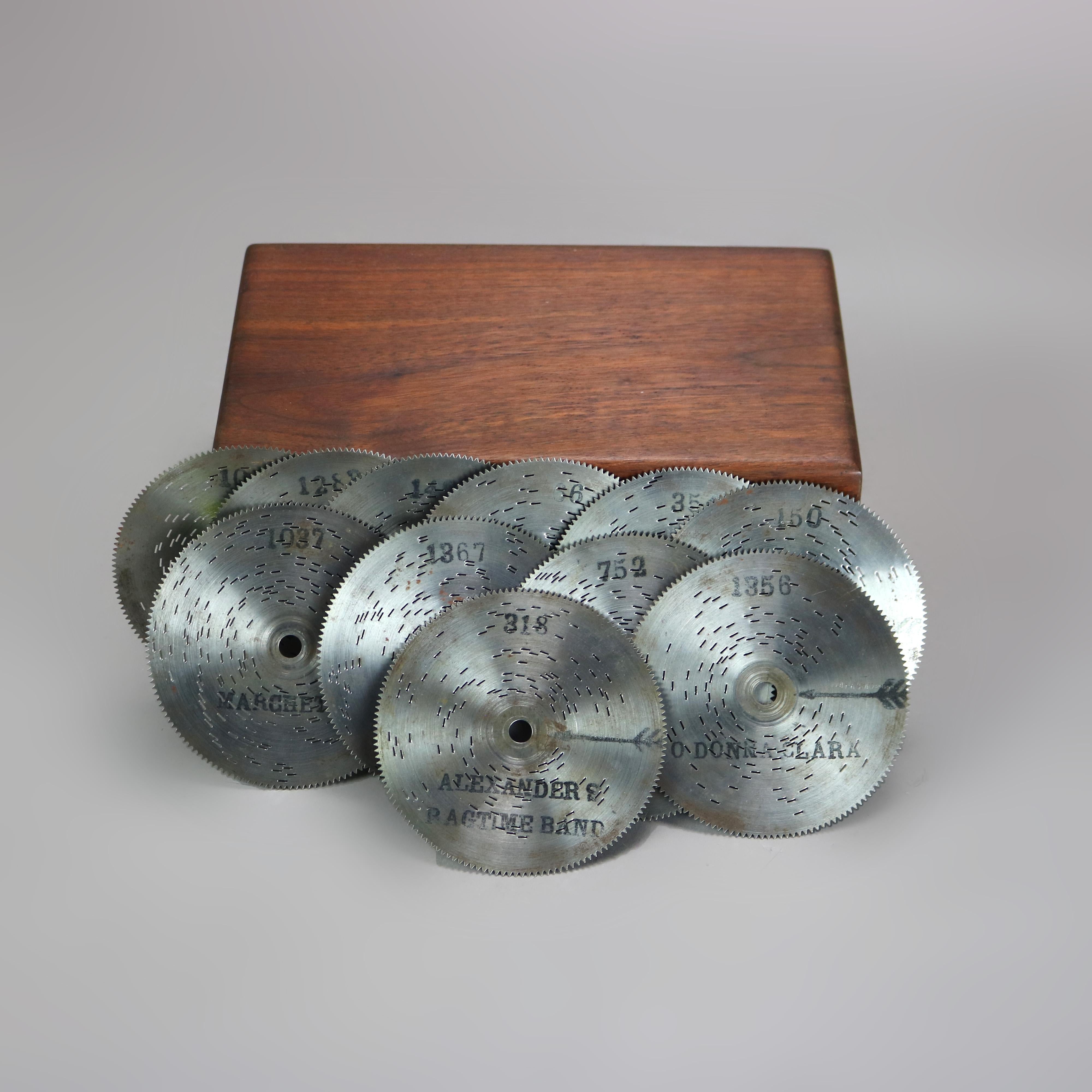 Wood Antique Swiss Music Box with Eleven 4.5” Disks C1890