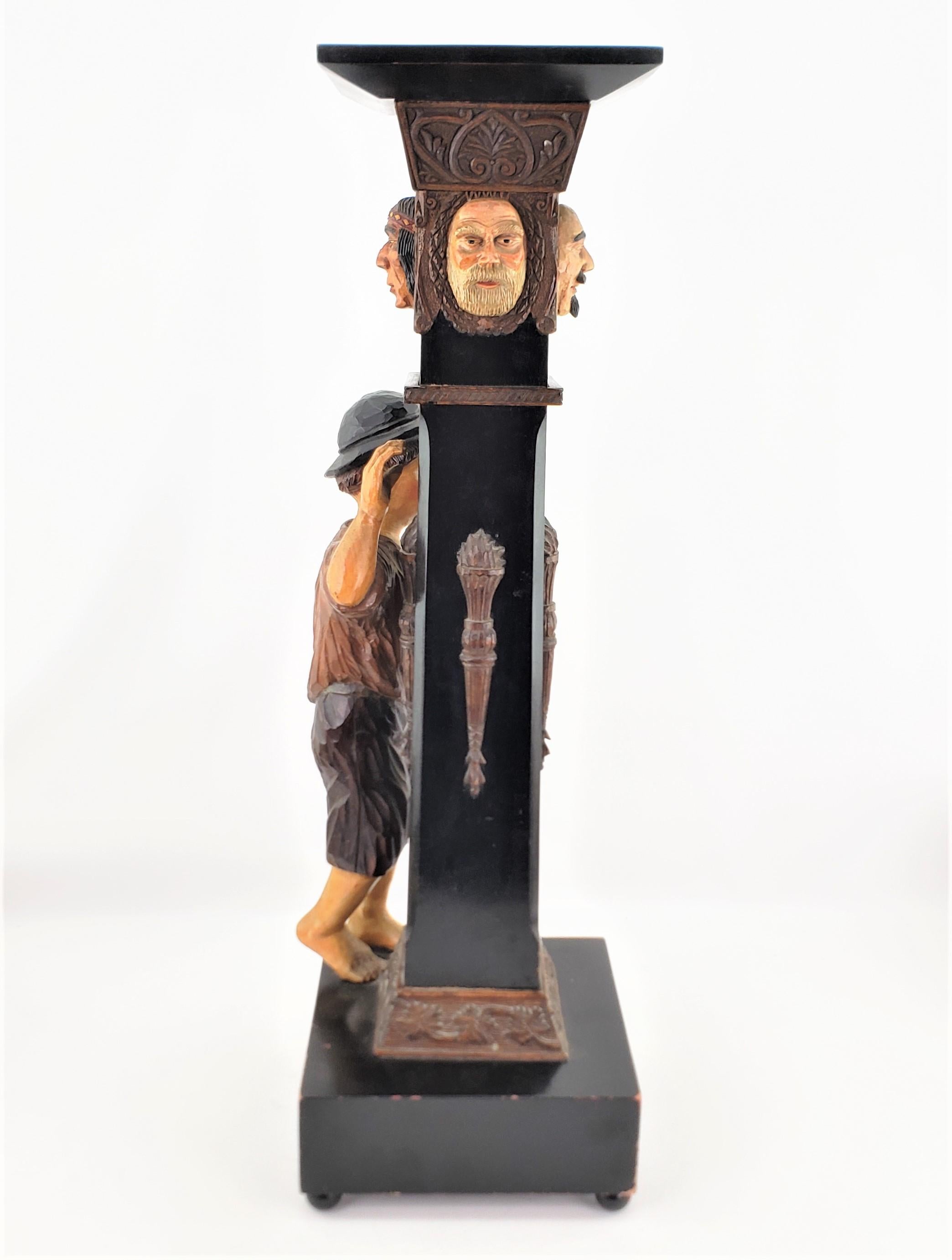 Softwood Antique Swiss or German Black Forest Styled Hand-Carved & Painted Pedestal For Sale