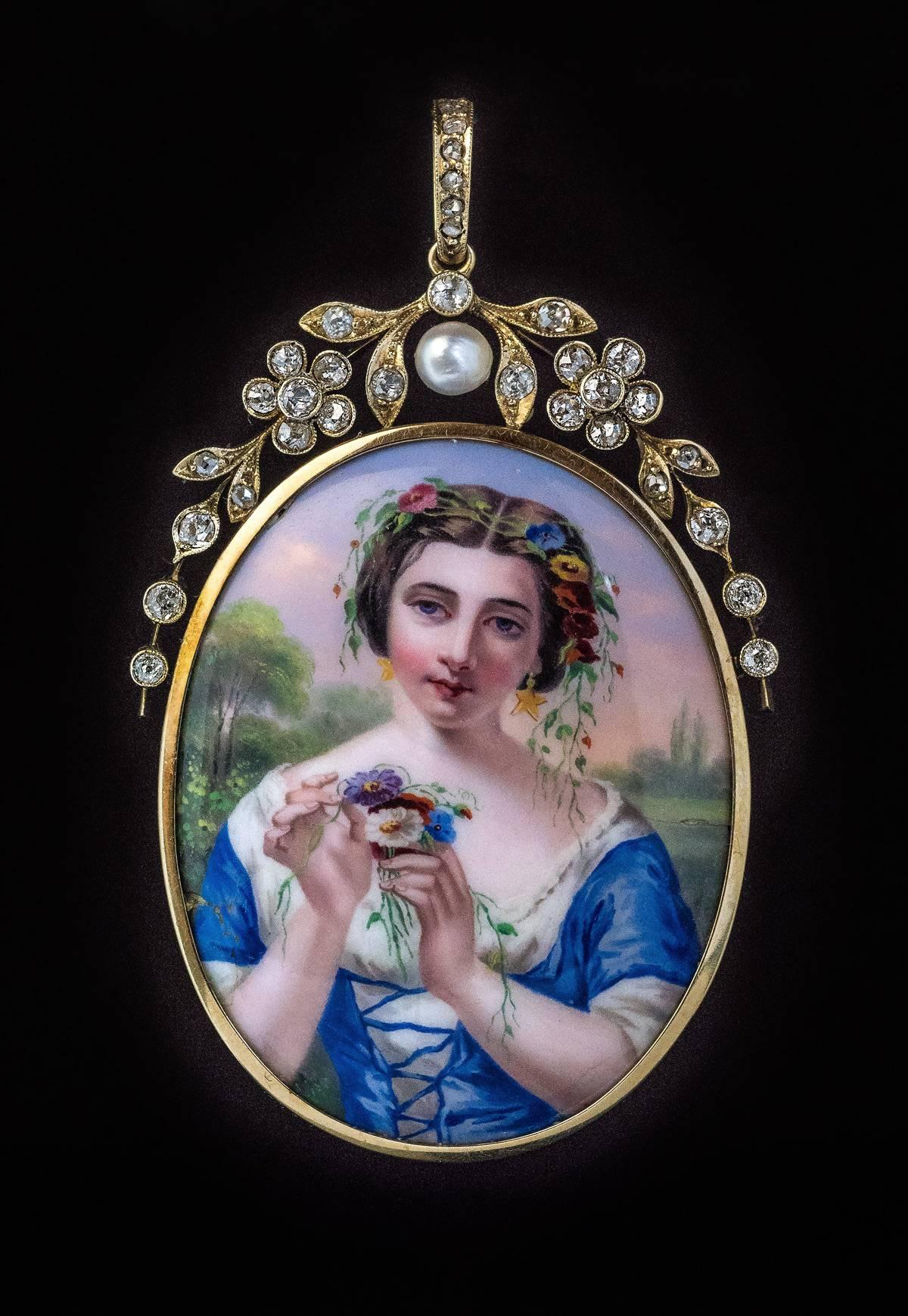 Victorian Antique Swiss Painted Enamel Diamond Pearl Gold Pendant For Sale