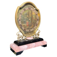 Antique Swiss Rose Quartz and Bronze Desk Table Clock Retailed by Cartier