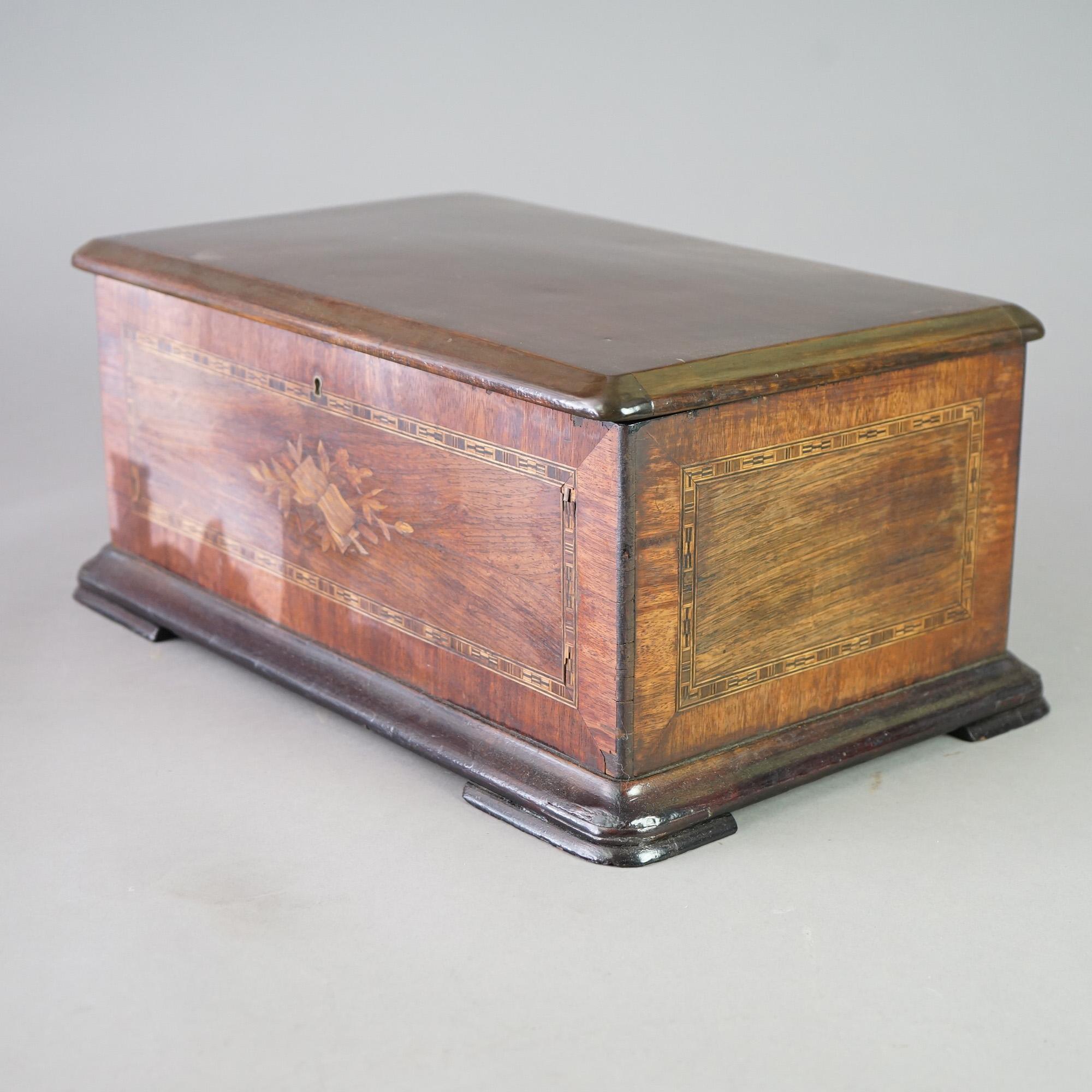 19th Century Antique Swiss Rosewood Inlaid Six-Tune Cylinder Music Box 19th C