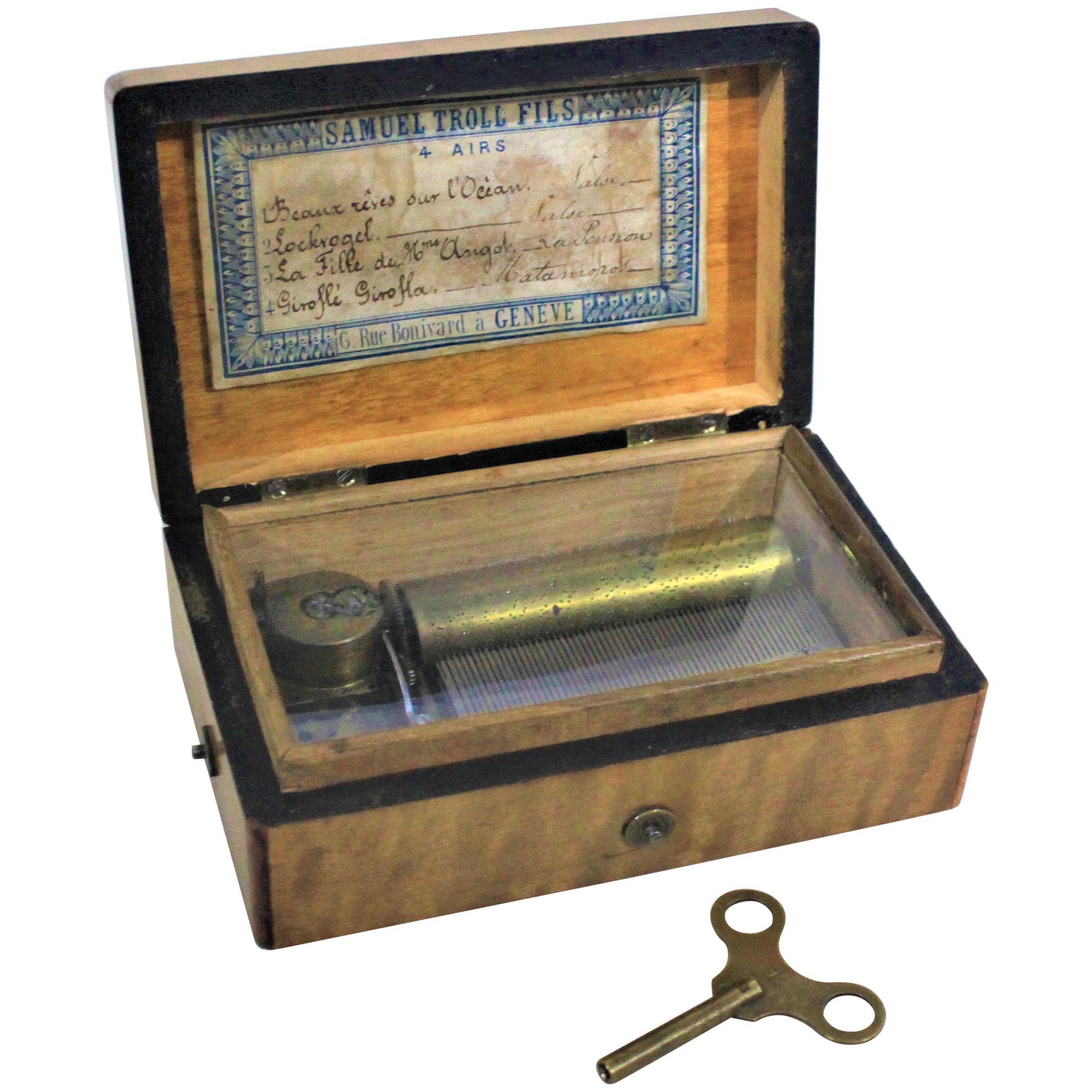 Antique Swiss Samuel Troll Fils Key Wind Cylinder Music Box For Sale
