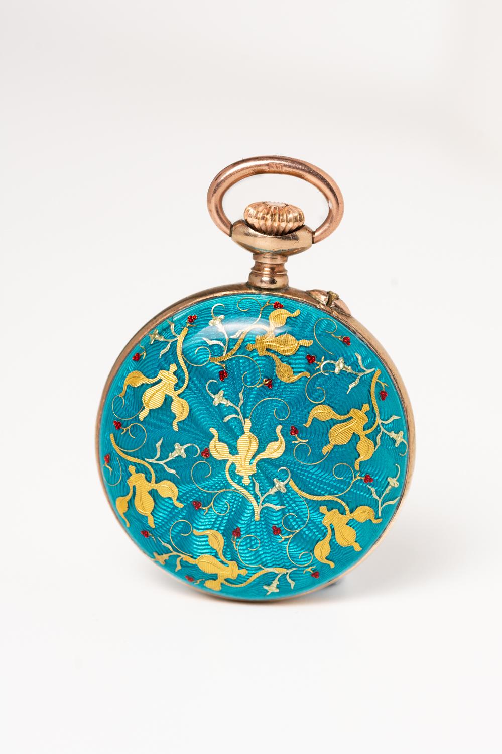 Art Nouveau Antique Swiss Silver and Turquoise Guilloche Enamel Fauvette HAD Pocket Watch  For Sale