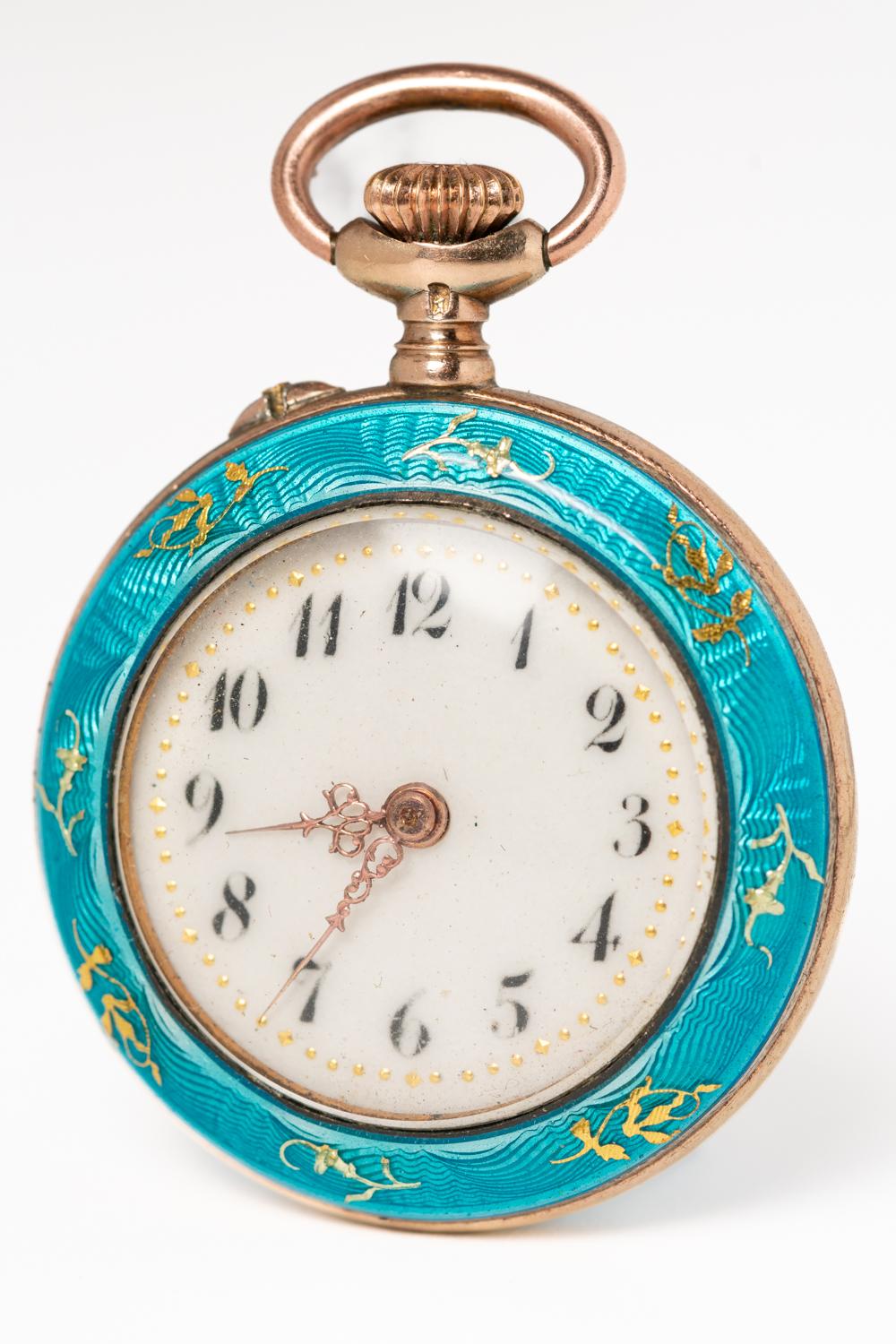 Antique Swiss Silver and Turquoise Guilloche Enamel Fauvette HAD Pocket Watch  In Excellent Condition For Sale In Portland, England