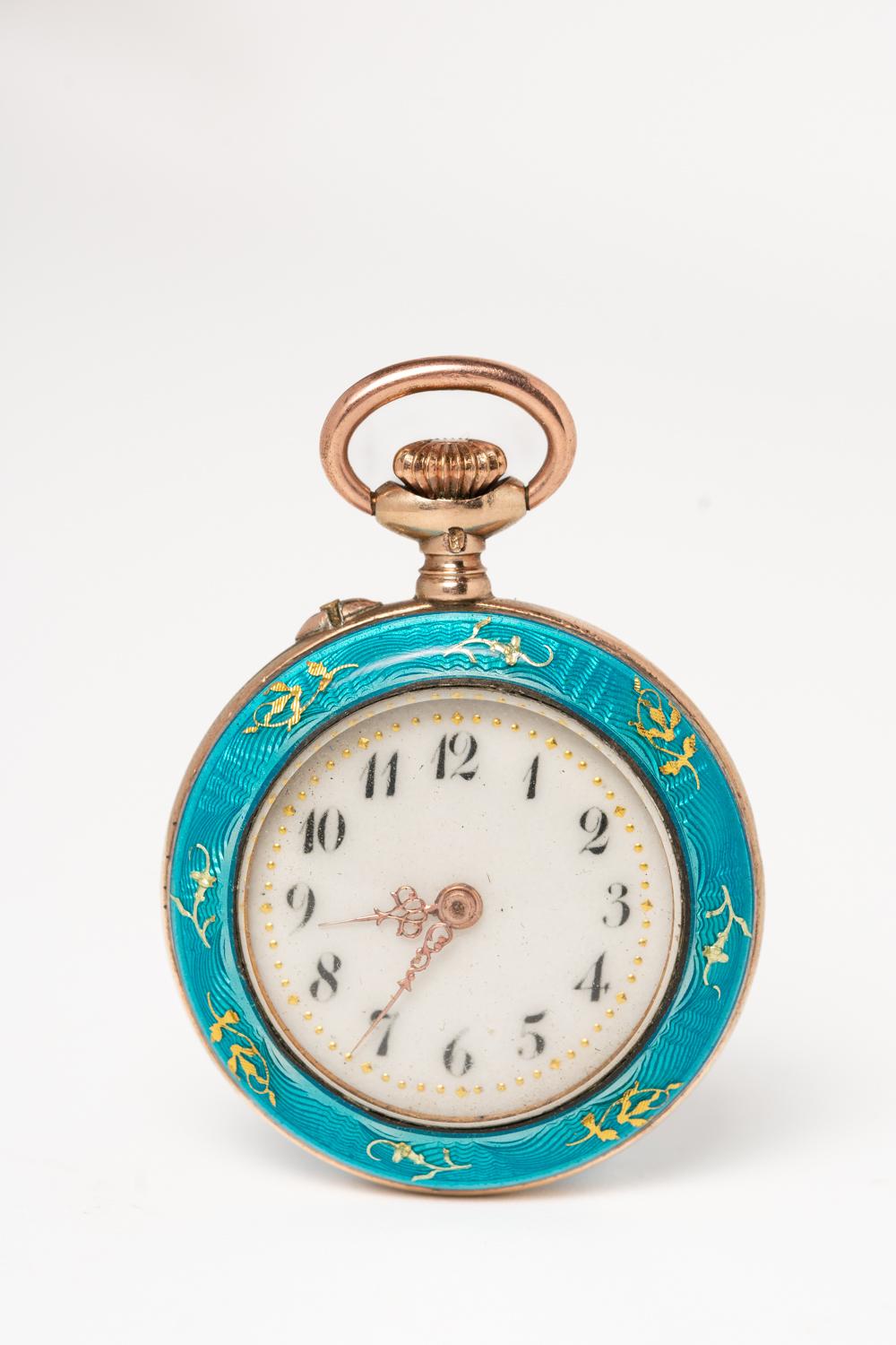 Women's Antique Swiss Silver and Turquoise Guilloche Enamel Fauvette HAD Pocket Watch  For Sale