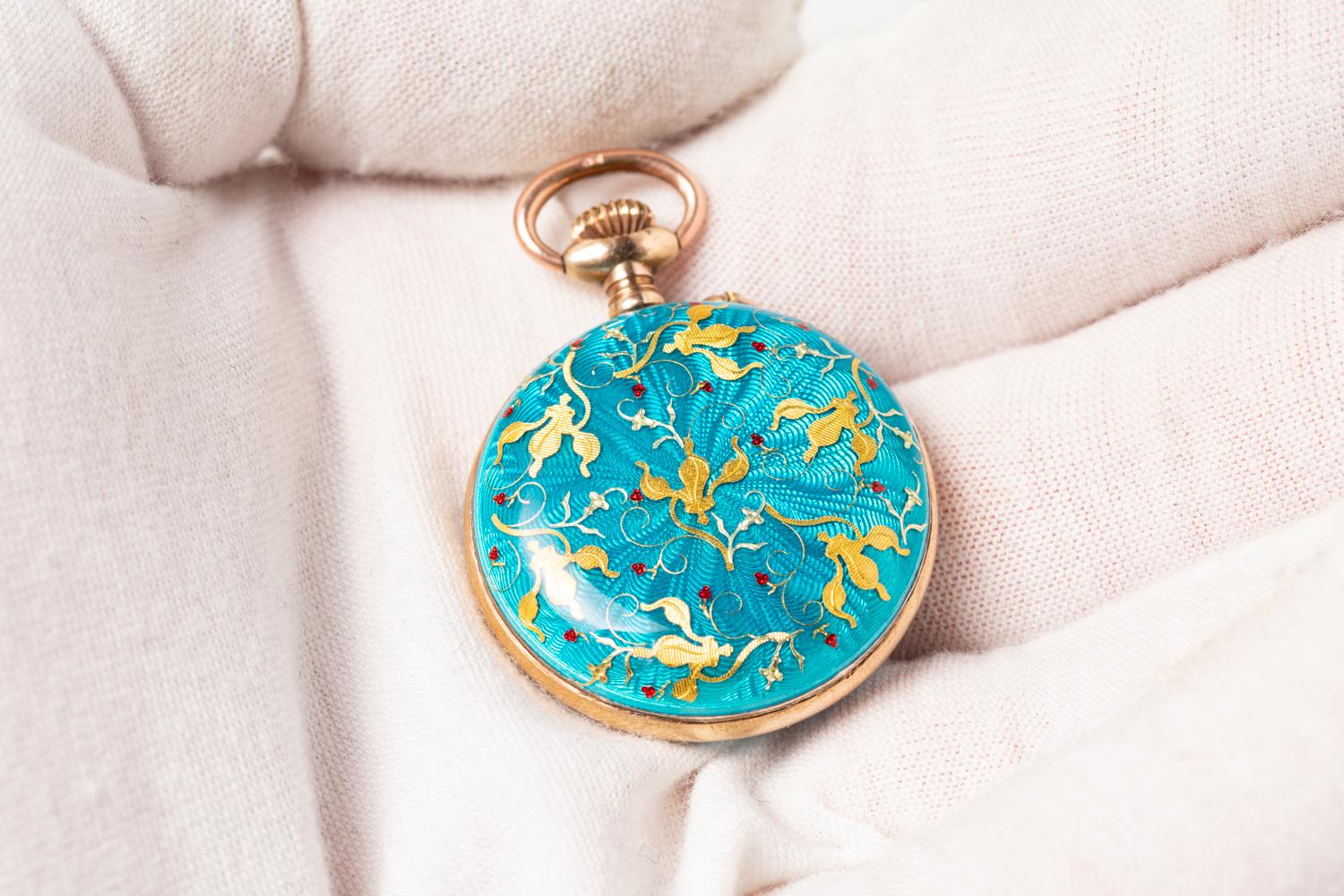 Antique Swiss Silver and Turquoise Guilloche Enamel Fauvette HAD Pocket Watch  For Sale 2