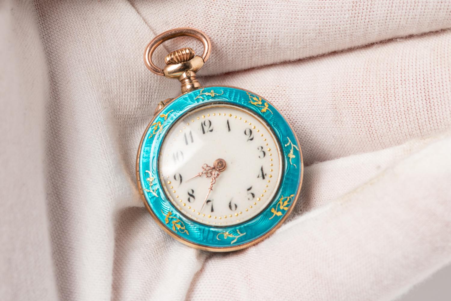 Antique Swiss Silver and Turquoise Guilloche Enamel Fauvette HAD Pocket Watch  For Sale 3